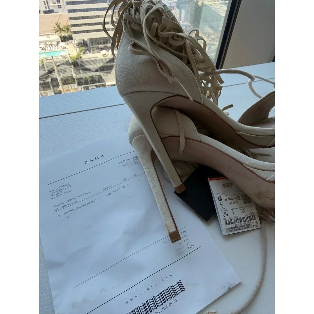 Zara Beige Faux Suede Fringe Lace Up Tassel Stiletto Heeled Sandals Size 8  NWT